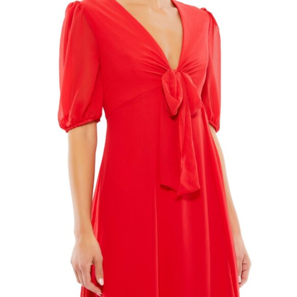 Ieena for Mac Duggal Size 6 Red Deep V-Neck Bow Formal Midi Dress NWT Side slit - Picture 2 of 13